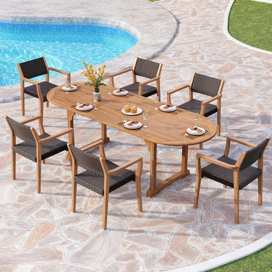 Acacia Wood Outdoor Dining Set Expandable Table and Chairs