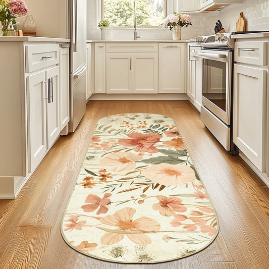 Vintage Floral Oval Runner Rug, Washable Anti-Slip Kitchen Bathroom Floor Mat, Shabby Chic Bedroom Bedside Carpet Custom Size