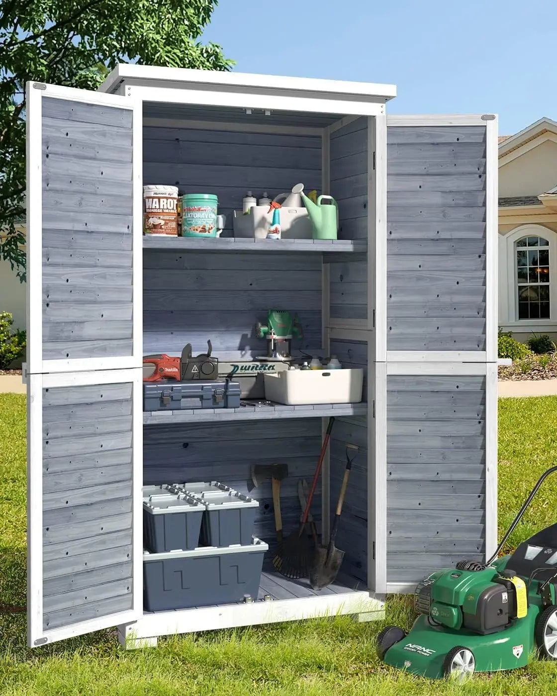 Outdoor Tall Wooden Storage Cabinet With 3 Shelves Double Lock Waterproof Roof