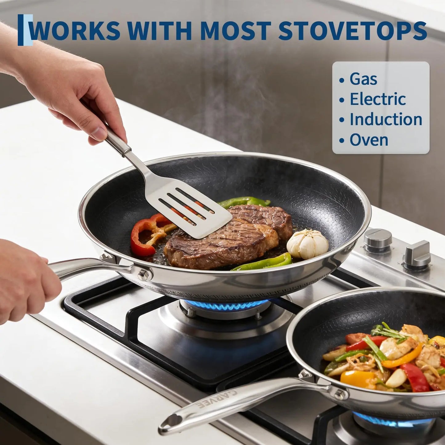 HiMISS Tri Ply Nonstick Stainless Steel Frying Pan Set Lids