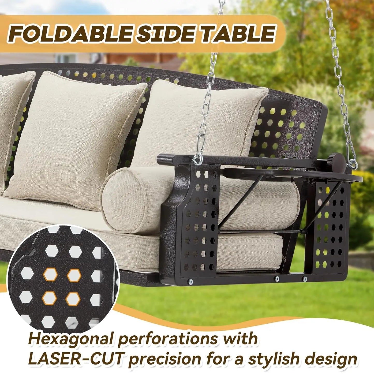 Three Seat Porch Swing With Cup Holders And Cushions