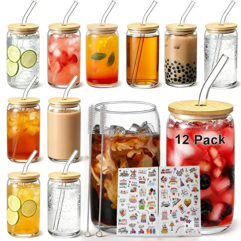 Glass Cups Set With Bamboo Lids Glass Straws And Brushes