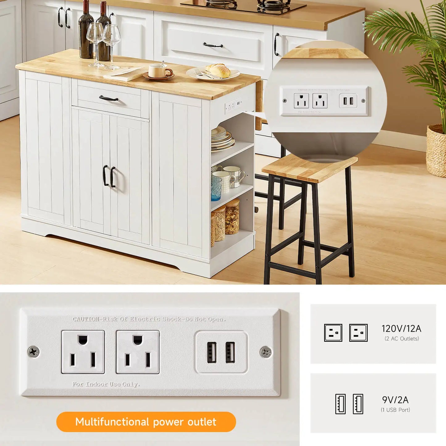 Stationary Kitchen Islands with 2 Chairs, 47" Rolling Kitchen Island with Drop Leaf, Home Bar Table with Spice Rack & Trash Can, Movable Island, Island Table for Dining Room