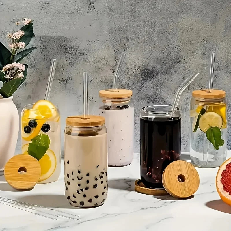 Six Pack Glass Drinking Set With Bamboo Lids And Glass Straws