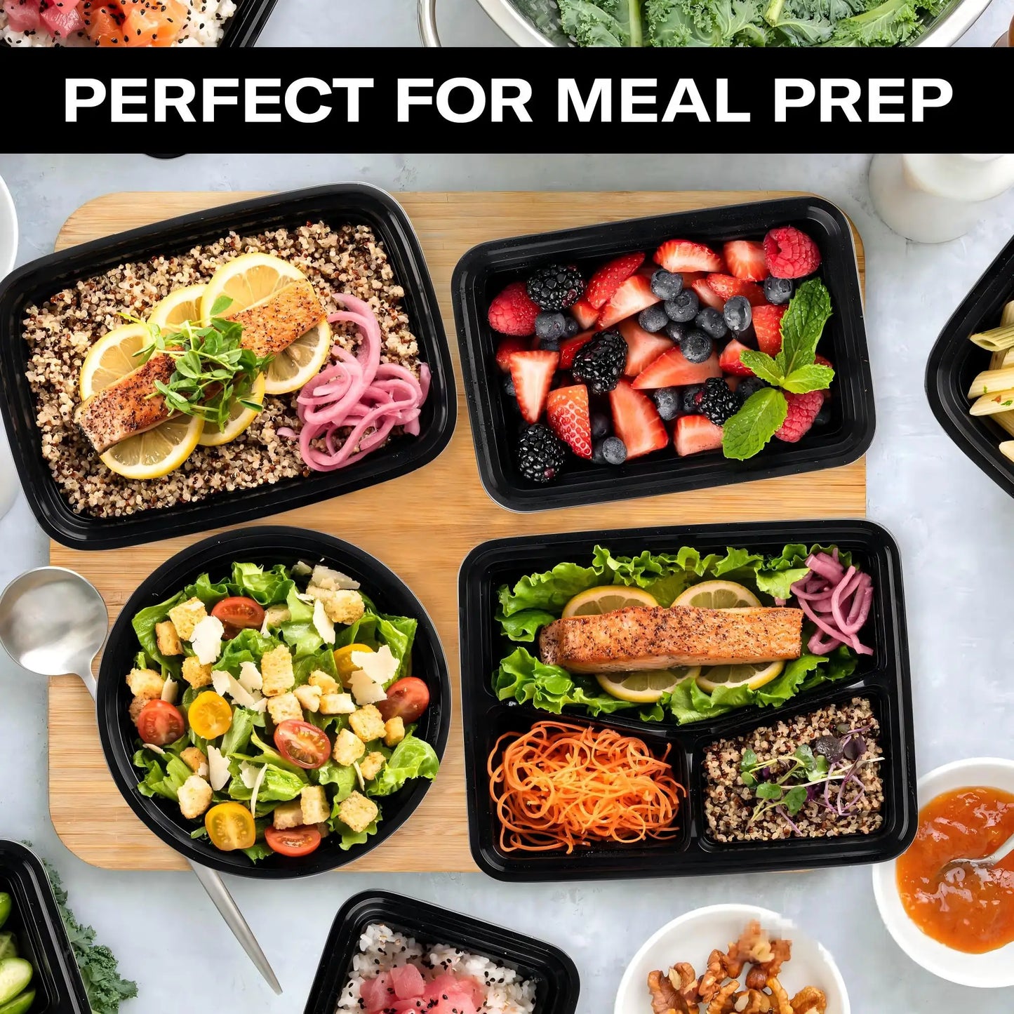 150-Piece Set of Black Rectangular Lunch Boxes, 38 oz. Stackable, Leak-Proof Food Storage Containers, Disposable Lunch Boxes