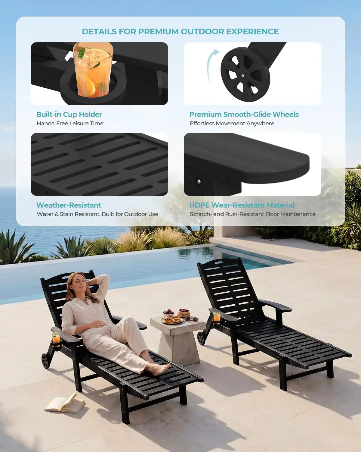 Heavy Duty HDPE Chaise Lounge Chairs Outdoor Set of 4, 5-Position Adjustable Patio Sun Loungers with Wheels & Cup, Customized
