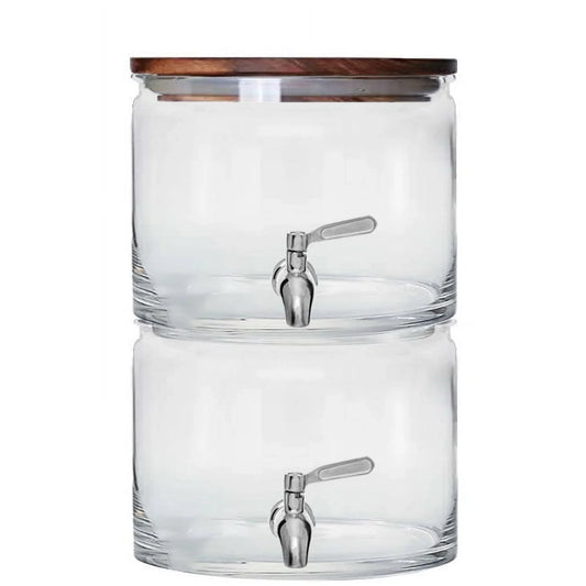 Stacking Glass Beverage Dispenser Acacia Wood Lid Easy Pour Spigot