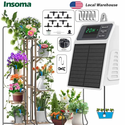 INSOMA Solar Drip Irrigation Programmer Automatic Watering Plants Supplies for Greenhouse and Home Balcony Hang Plants Water Timer