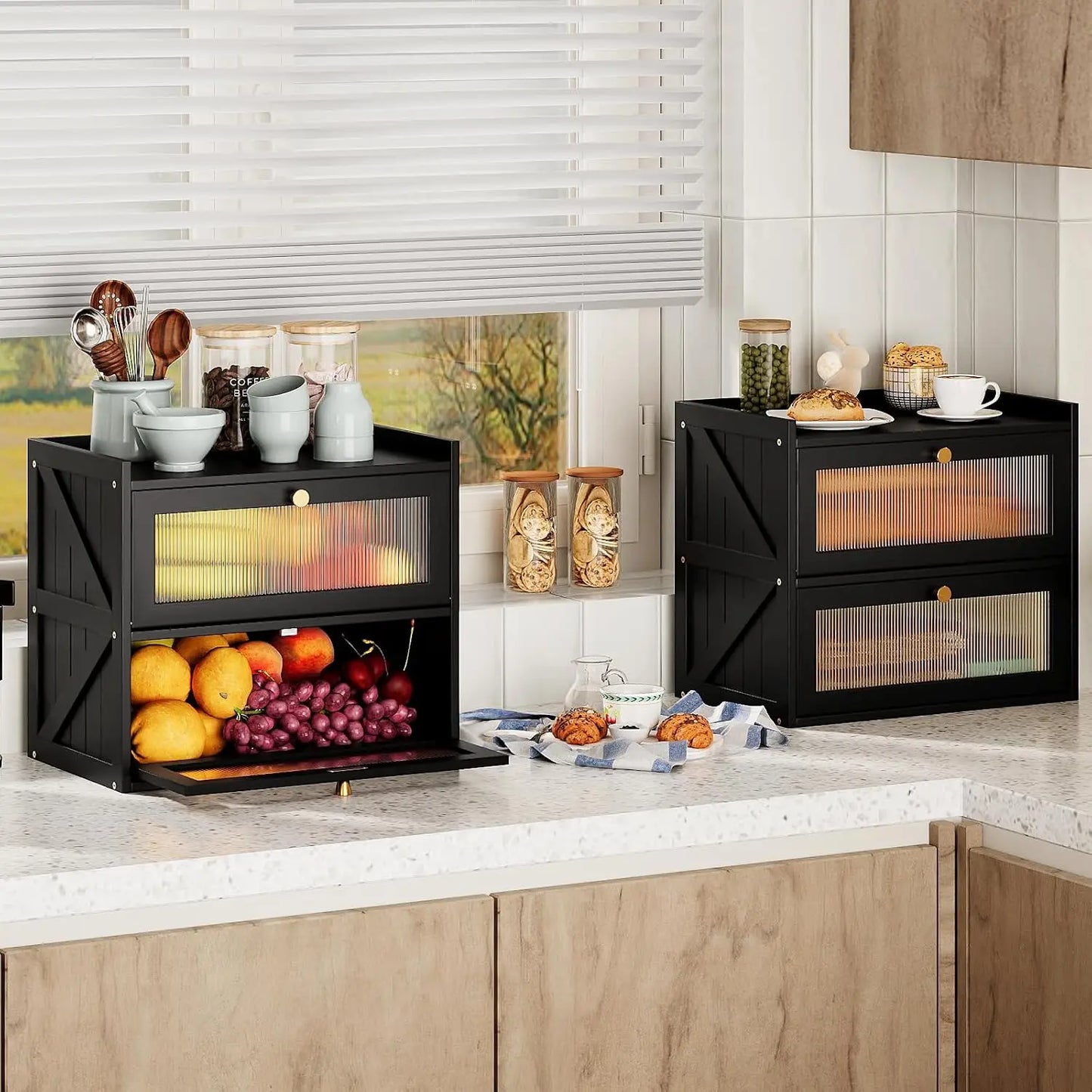 Trironsun Farmhouse Double Layer Black Bread Box with Acrylic Door for Kitchen Counter