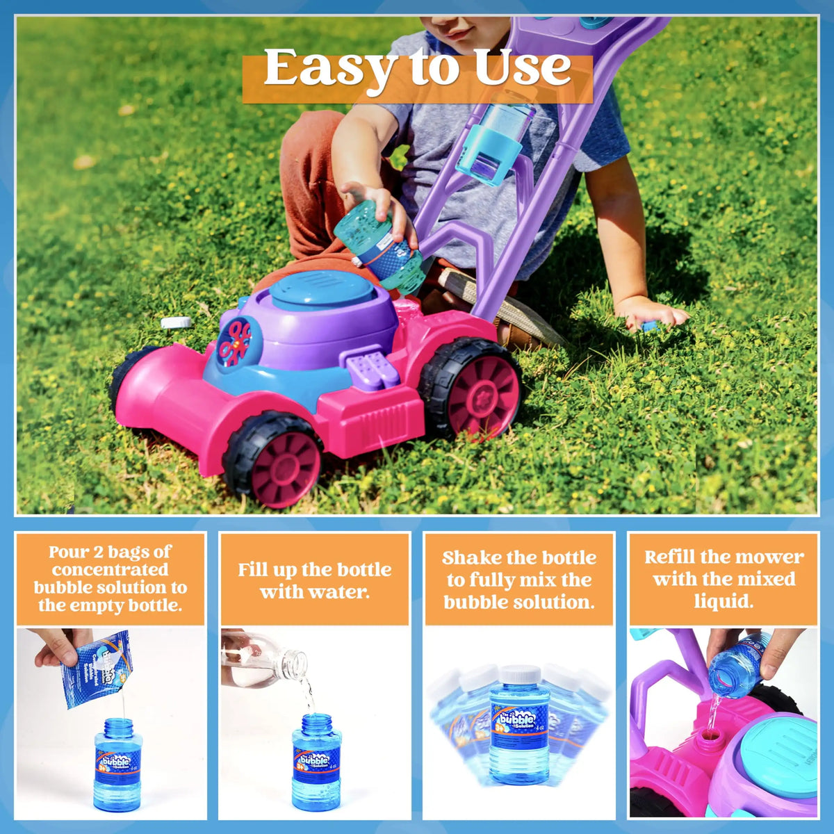 JOYFY Bubble Machine Bubble Lawn Mower Summer Outdoor Toys Pink Bubble Blower for Kids 3-6 Birthday Gifts