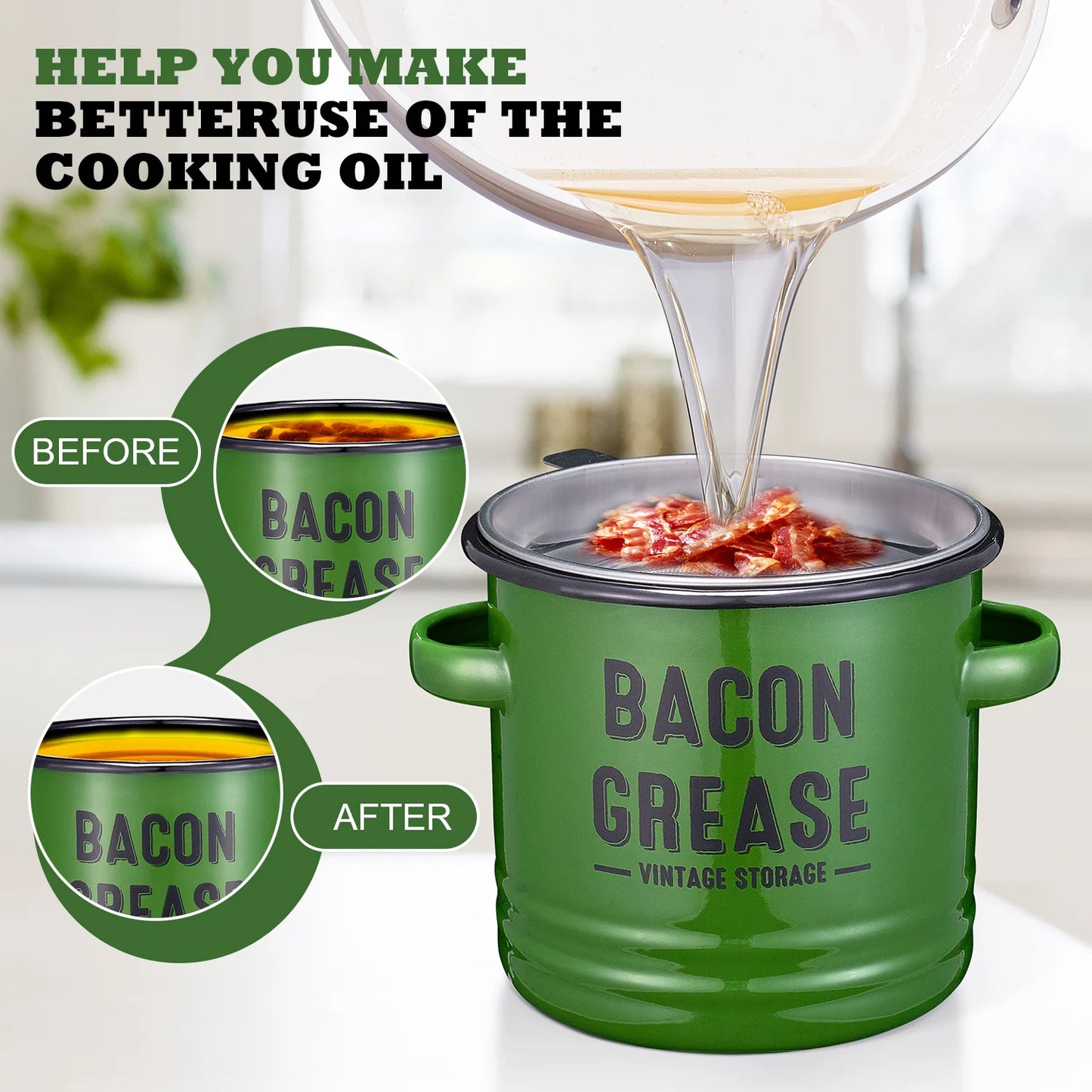Bacon Grease Container with Strainer - Large 46OZ Red Kitchen Oil Storage Can, Food Saver Bin with Lid | Farmhouse Pot Green
