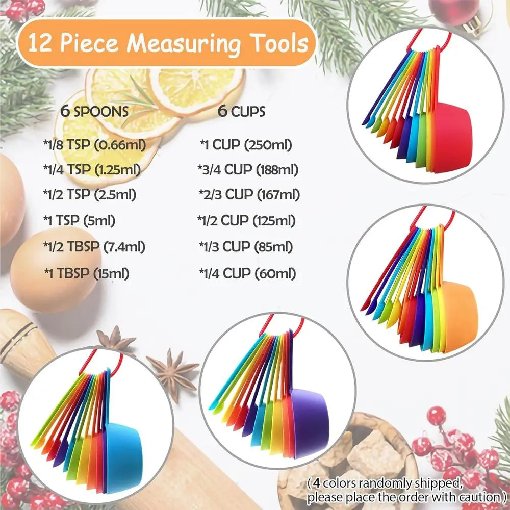 12 Piece Measuring Cups and Spoons Set, Colored Kitchen Measure Tools, Durable Nesting Cups and Spoons for Dry and Liquid, Dishw