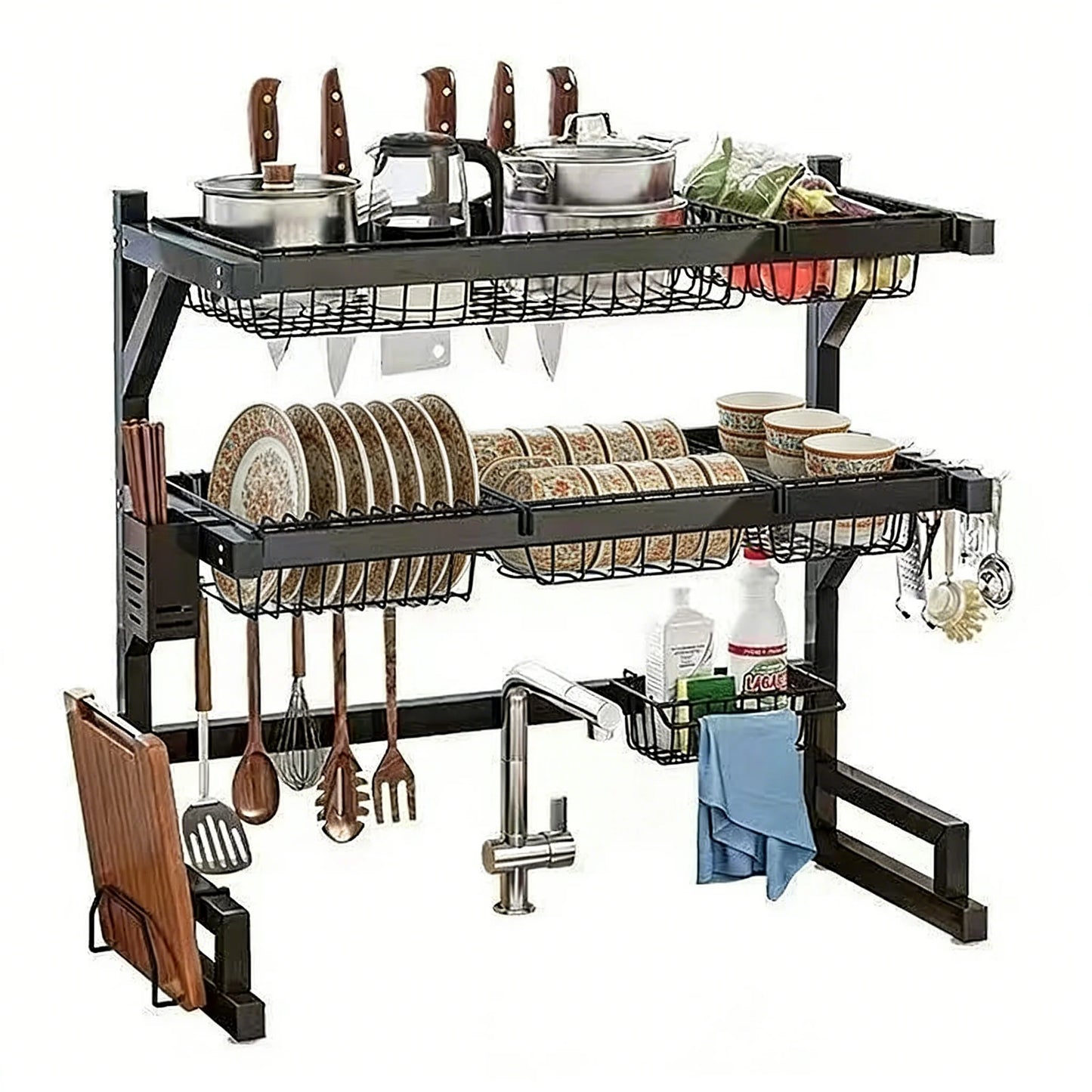 Over-Sink Dish Drying Rack With Utensil Holder And Adjustable Shelves