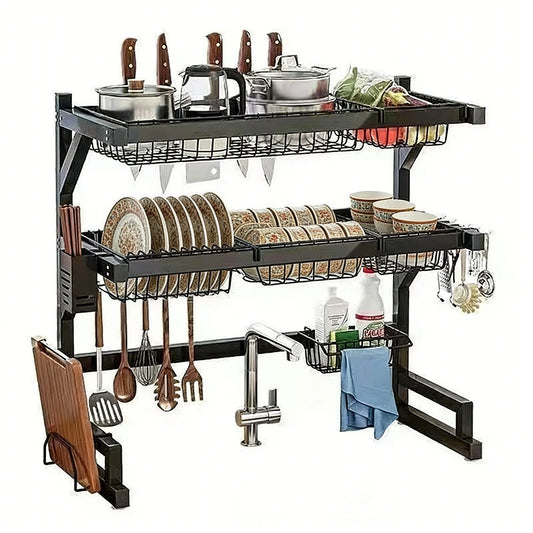 Over-Sink Dish Drying Rack With Utensil Holder And Adjustable Shelves