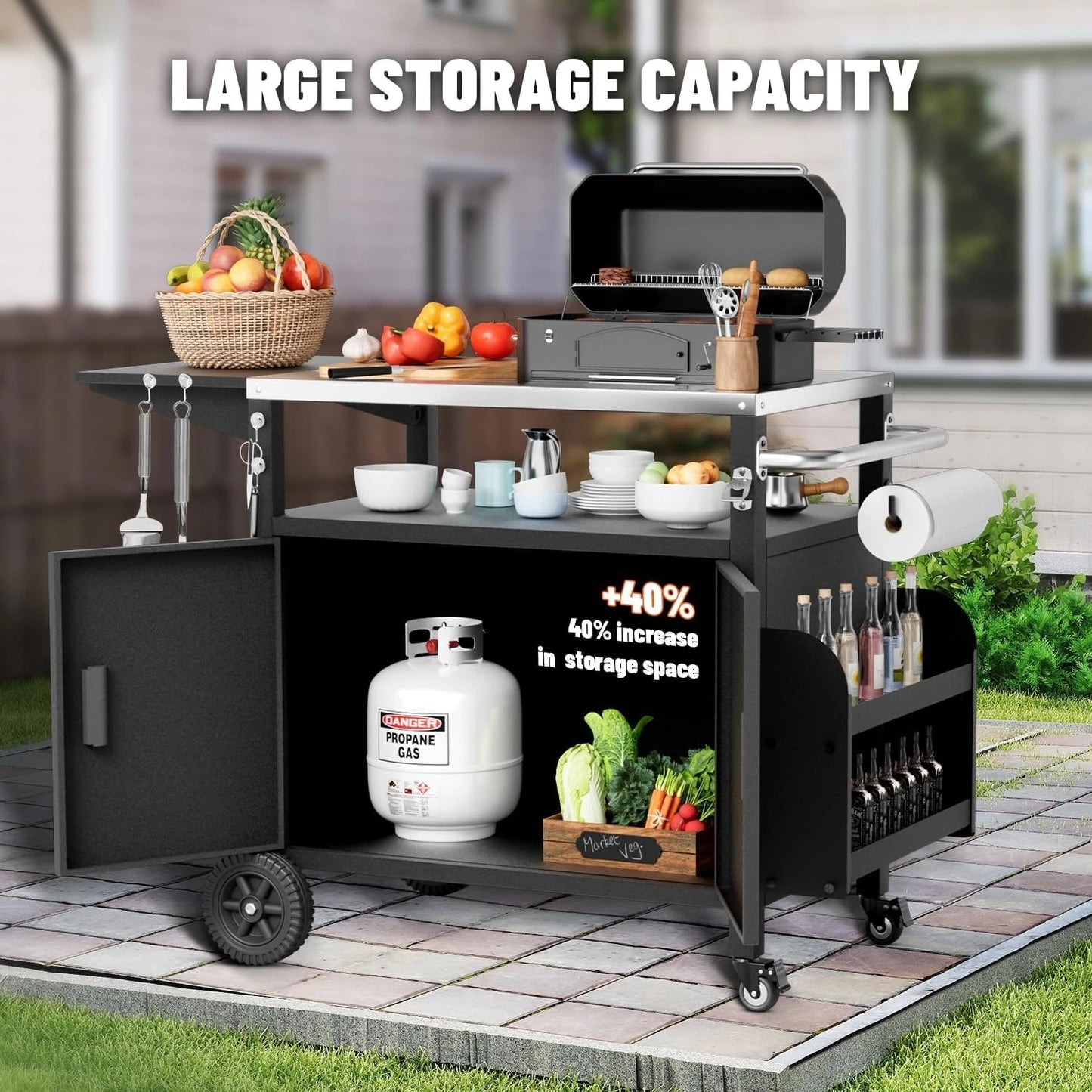 Outdoor Grill Cart With Cabinet And Lockable Wheels Stainless Steel