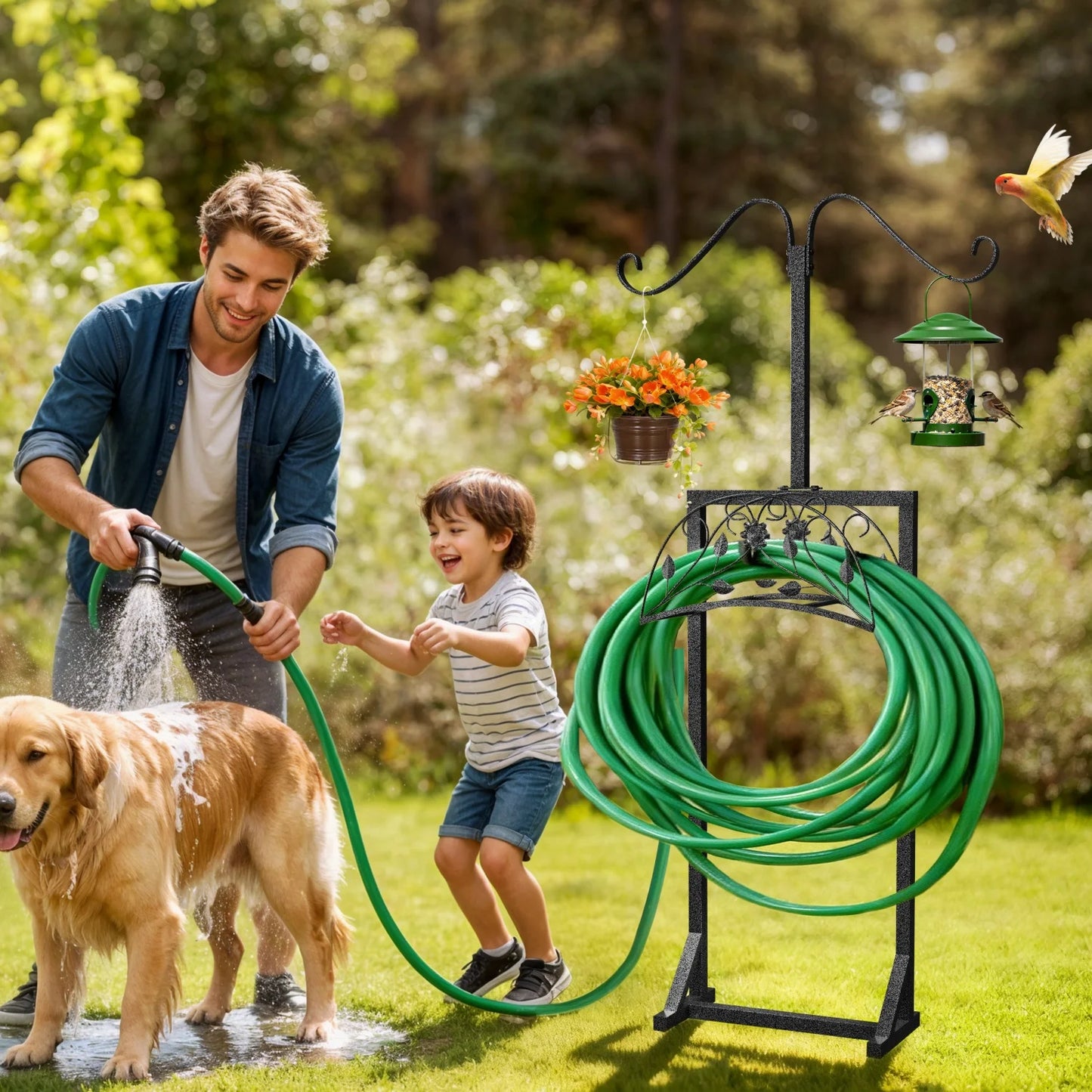 Freestanding Heavy Duty Garden Hose Holder with 4 Spikes & 2 Shepherds Hooks Water Hose Storage Stand for Yard Lawn