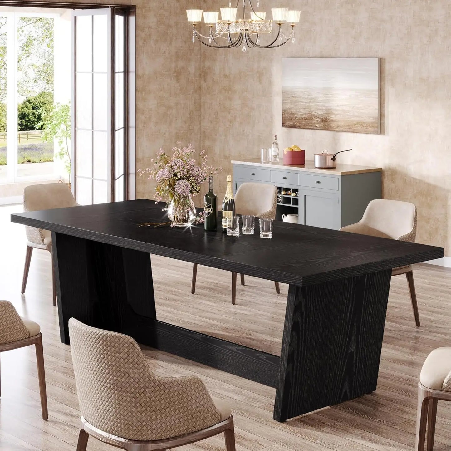 Dining Room Table: Rectangular Farmhouse Kitchen Table with Solid Pedestal, Rustic Long Dinner Table for Big Family