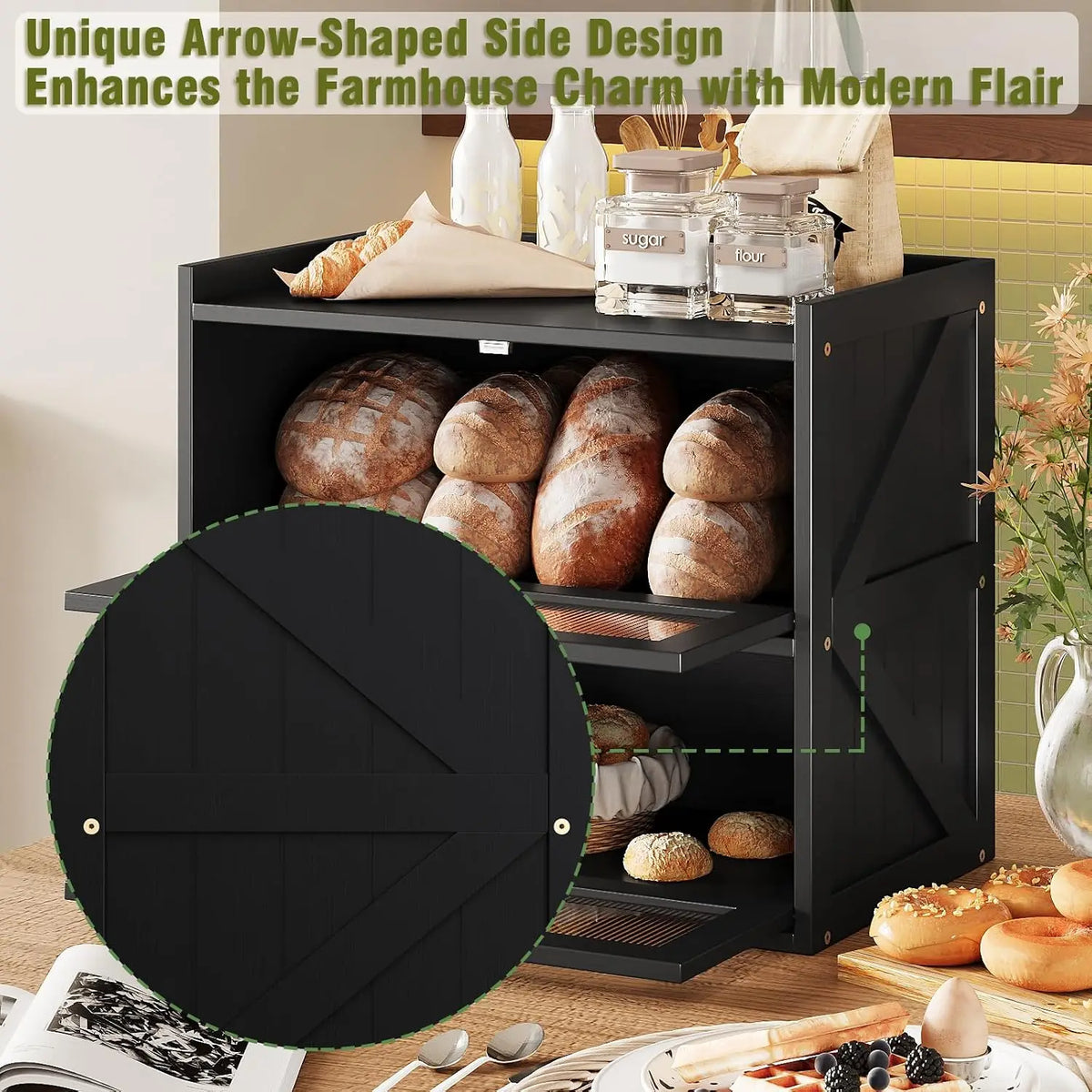 Trironsun Farmhouse Double Layer Black Bread Box with Acrylic Door for Kitchen Counter