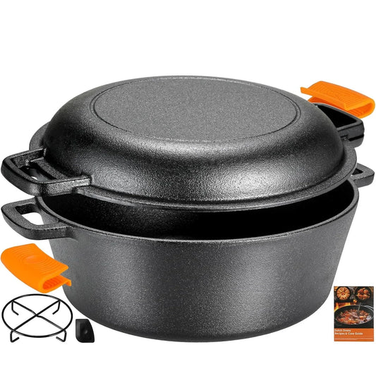 Pre Seasoned Cast Iron Double Dutch Oven With Lid Durable