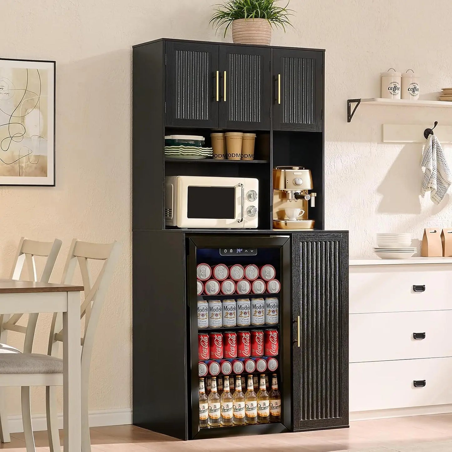 Tall Fluted Coffee Bar Cabinet With Mini Fridge Storage