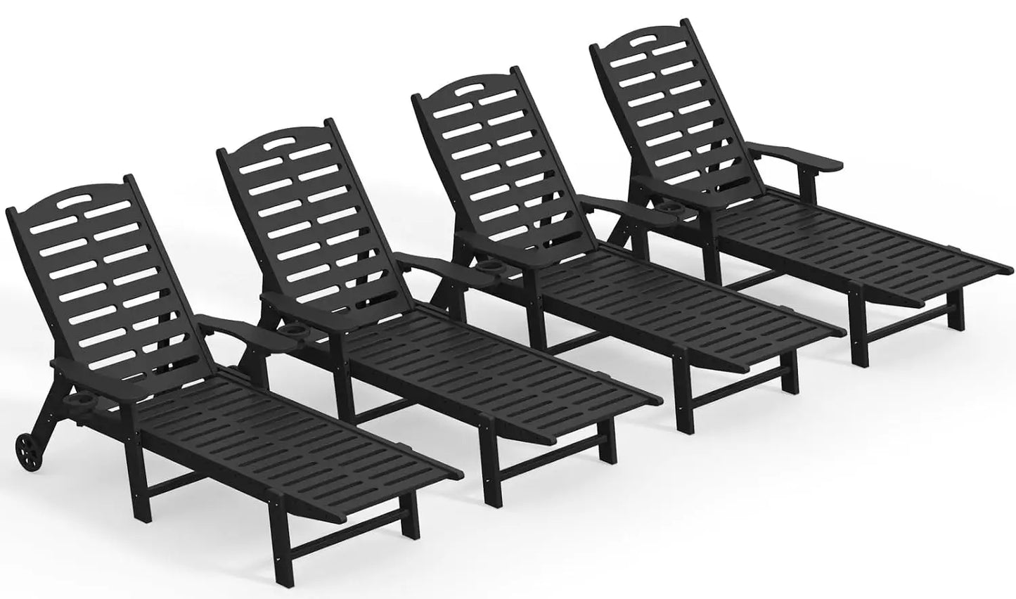Heavy Duty HDPE Chaise Lounge Chairs Outdoor Set of 4, 5-Position Adjustable Patio Sun Loungers with Wheels & Cup, Customized