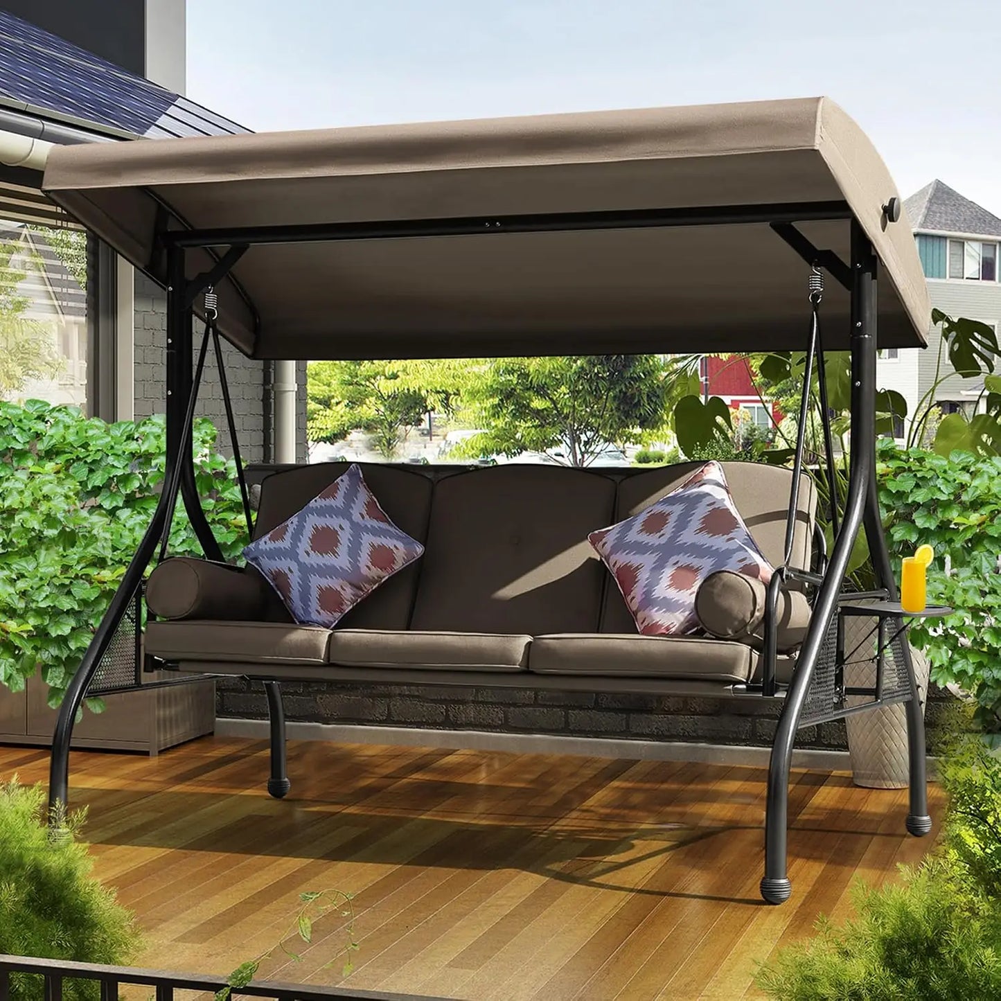 Patio Porch Swing, 3-Seat Outdoor Swing with Adjustable Canopy, Waterproof Fabric Cushion, Pillow and Foldable Side, Customized