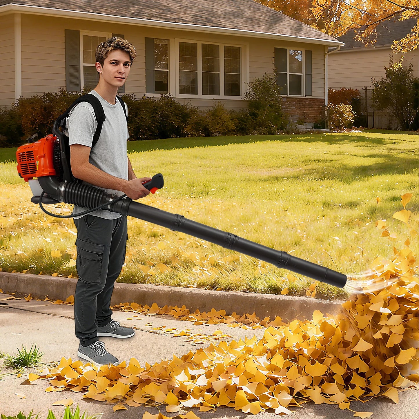 42.7cc 2-Stroke Manual Pull Start Garden Blower, 720m³/H Airflow High Speed Outdoor Debris Clearing Machine, 8.07kg Backpack Gasoline Leaf Blower, Portable Snow and Leaf Cleaning Equipment