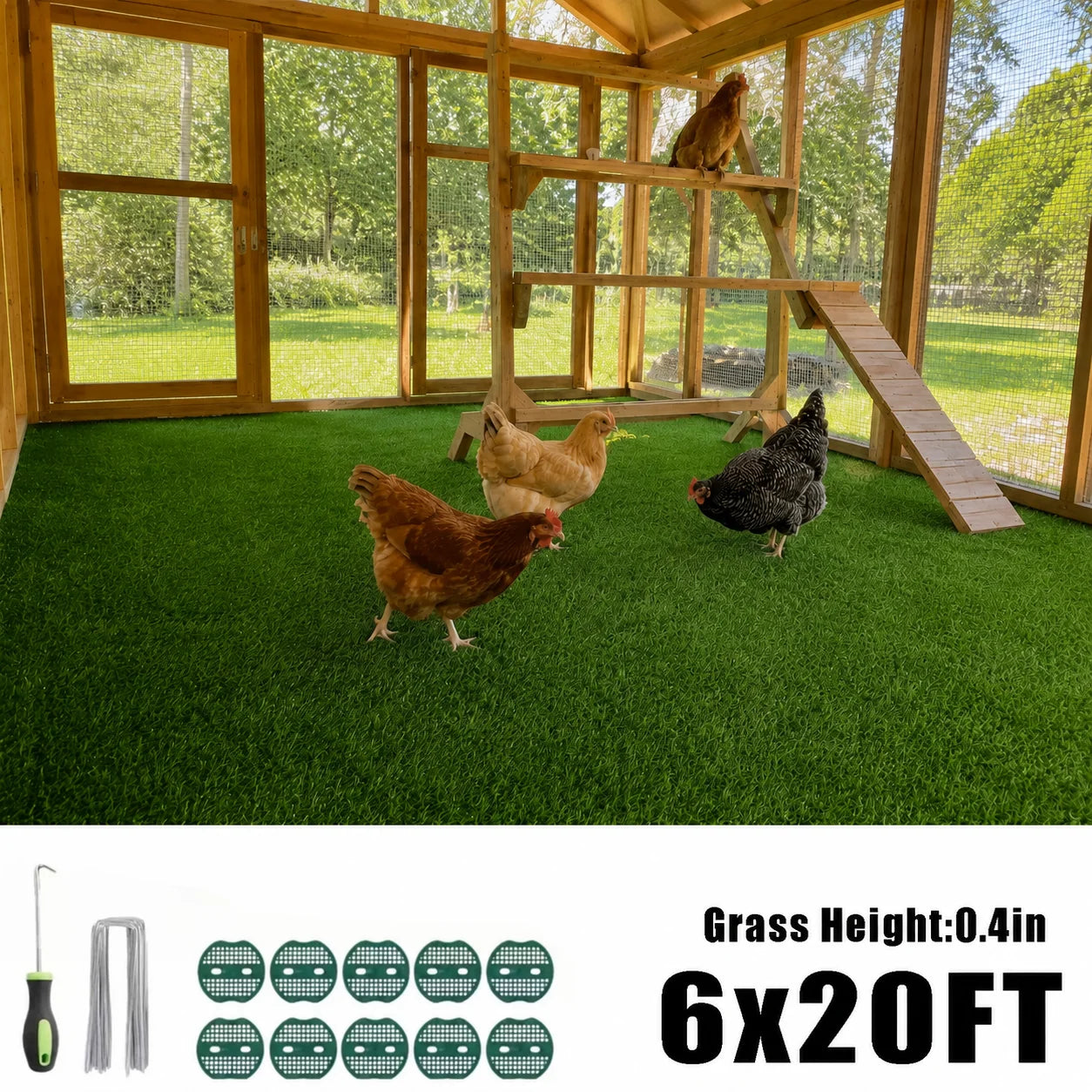 6FT X 10/15/20/25FT Artificial Grass Turf Mat, 0.4 Inch Pile Height, Heavy Duty Synthetic Lawn Rug, Indoor Outdoor for Patio, Balcony, Backyard, Garden, Garage, Pet Area & Chicken Coop