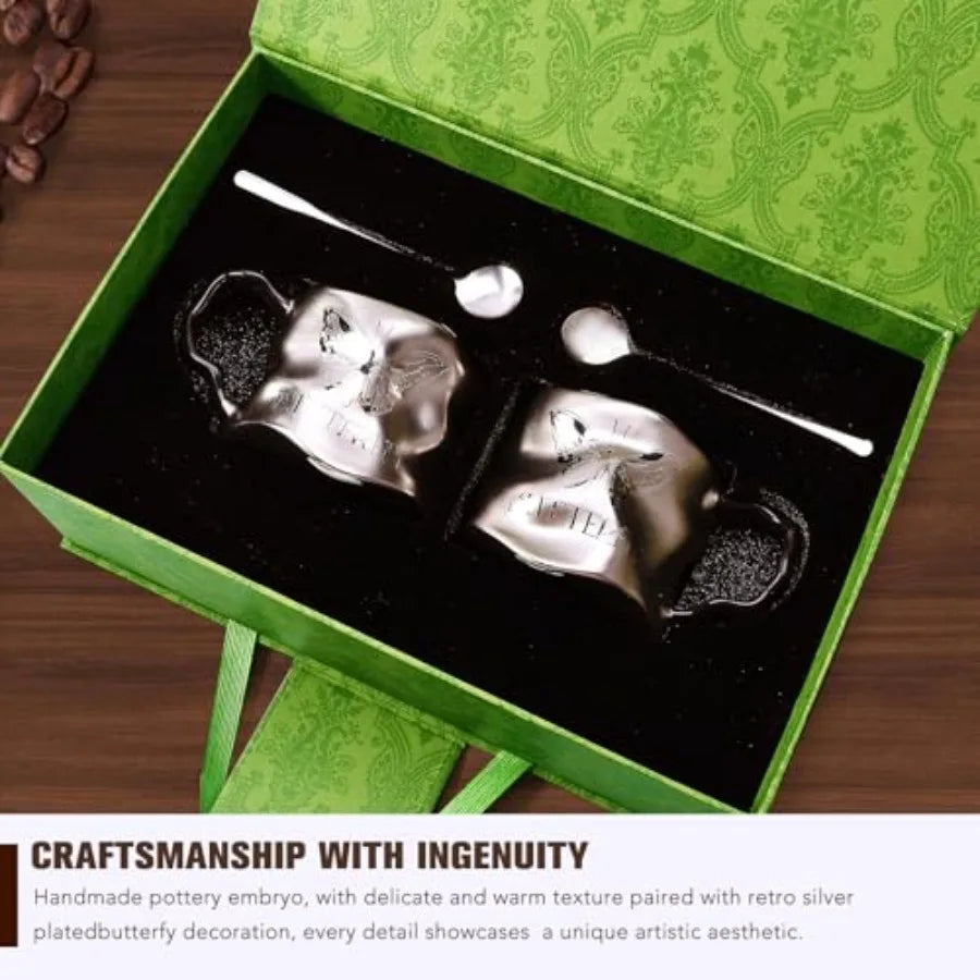 Set of 2 Ceramic Titanium Silver Plating Coffee Mugs for Latte, Cappuccino, Tea, Includes Spoon and Gift Box, Perfect Retiremen