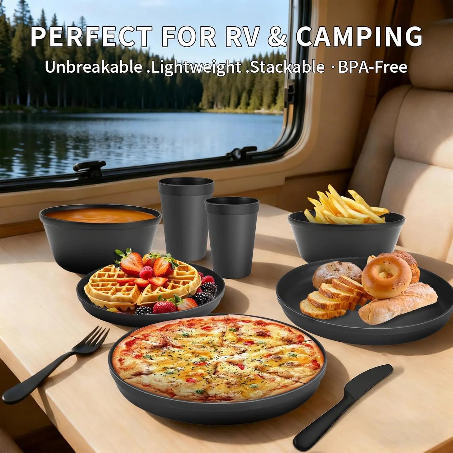 RV Camping Dinnerware Set for 8 Microwave Safe Unbreakable Cutlery
