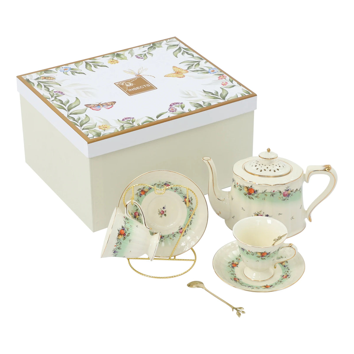 Porcelain Tea Set for 2, European Style Ceramic Tea Set with Teapot Cups Saucers, Includes Iron Stand 27oz