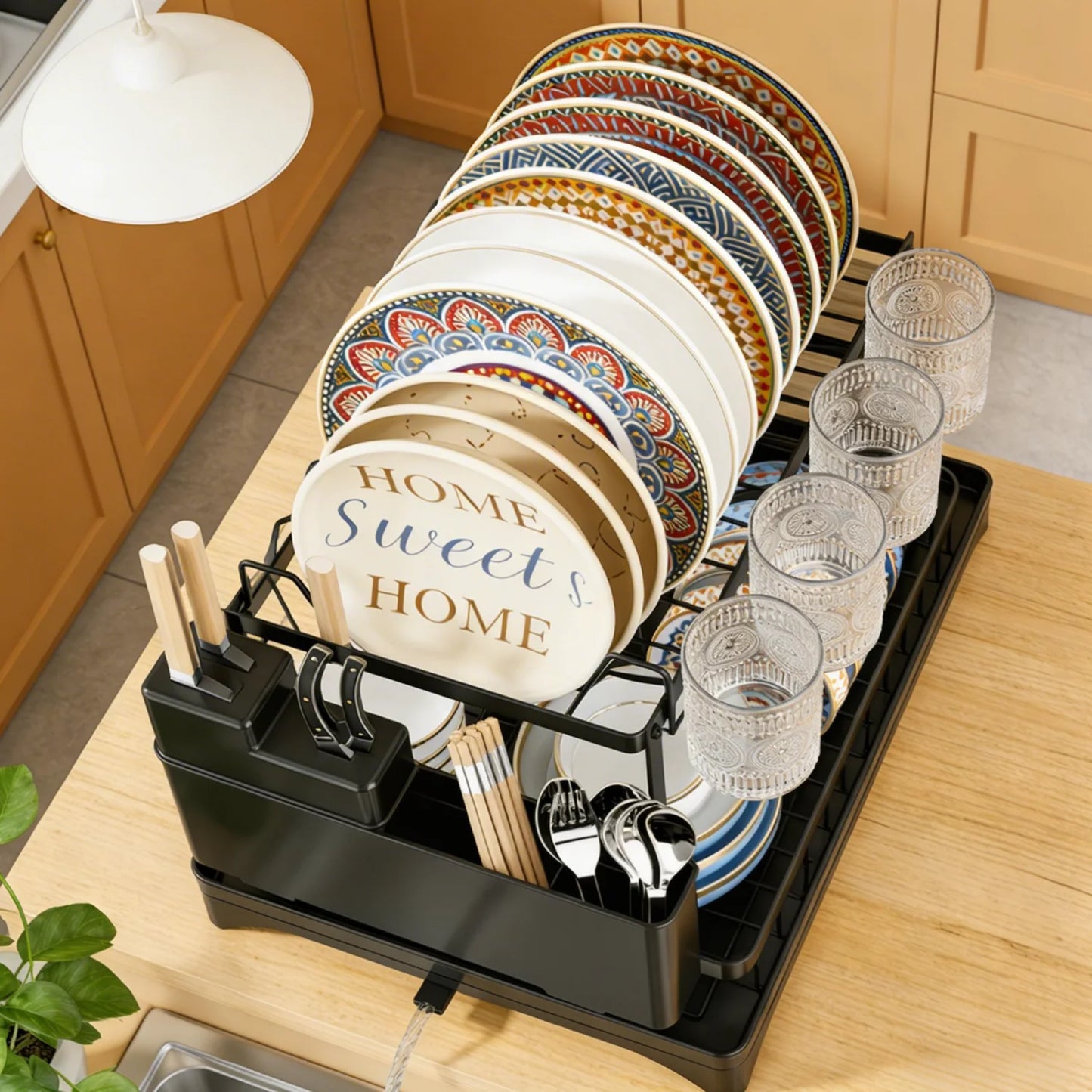 2-Tier Dish Drying Rack with Drainage Tray, Large Capacity Metal Dish Rack with Cup Holder, Utensil Cutter Holder & Knife Slots, Multi-Functional Kitchen Countertop Dish Organizer for Plates Bowls Glasses