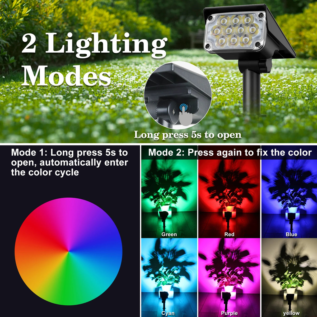 2PCS Solar Power Light Adjustable Light Temperature Solar Garden Light outdoor IP65 Solar Lamp Super Bright Solar Spotlight