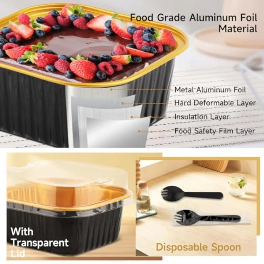 5 OZ Square Mini Baking Pans with Lids, 3.5x3.5 Inch Mini Cake Tins, Aluminum Foil Baking Cups Disposable Cake Containers for P