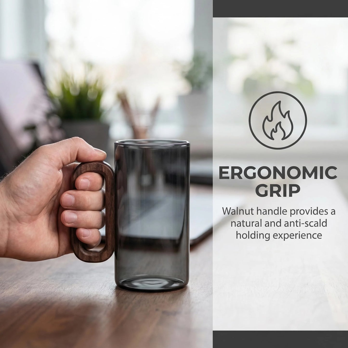 Borosilicate Glass Coffee Mugs With Walnut Handle Dishwasher Safe