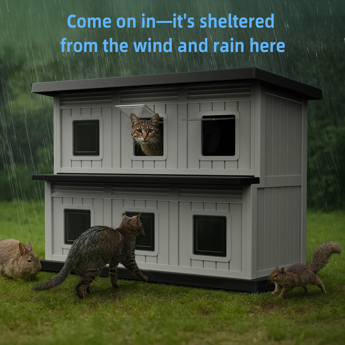 2-Tier Resin Cat House, Weatherproof Double Layer Outdoor Cat Apartment with Multiple Access Doors for Indoor Outdoor Use