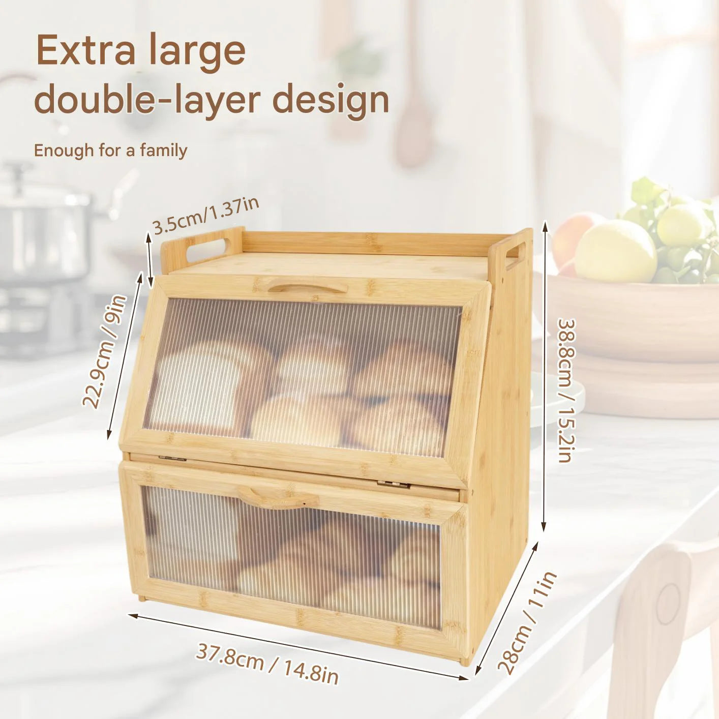 Double Layer Wooden Bread Storage Box Farmhouse Style Countertop Bread Keeper for Kitchen Food Storage