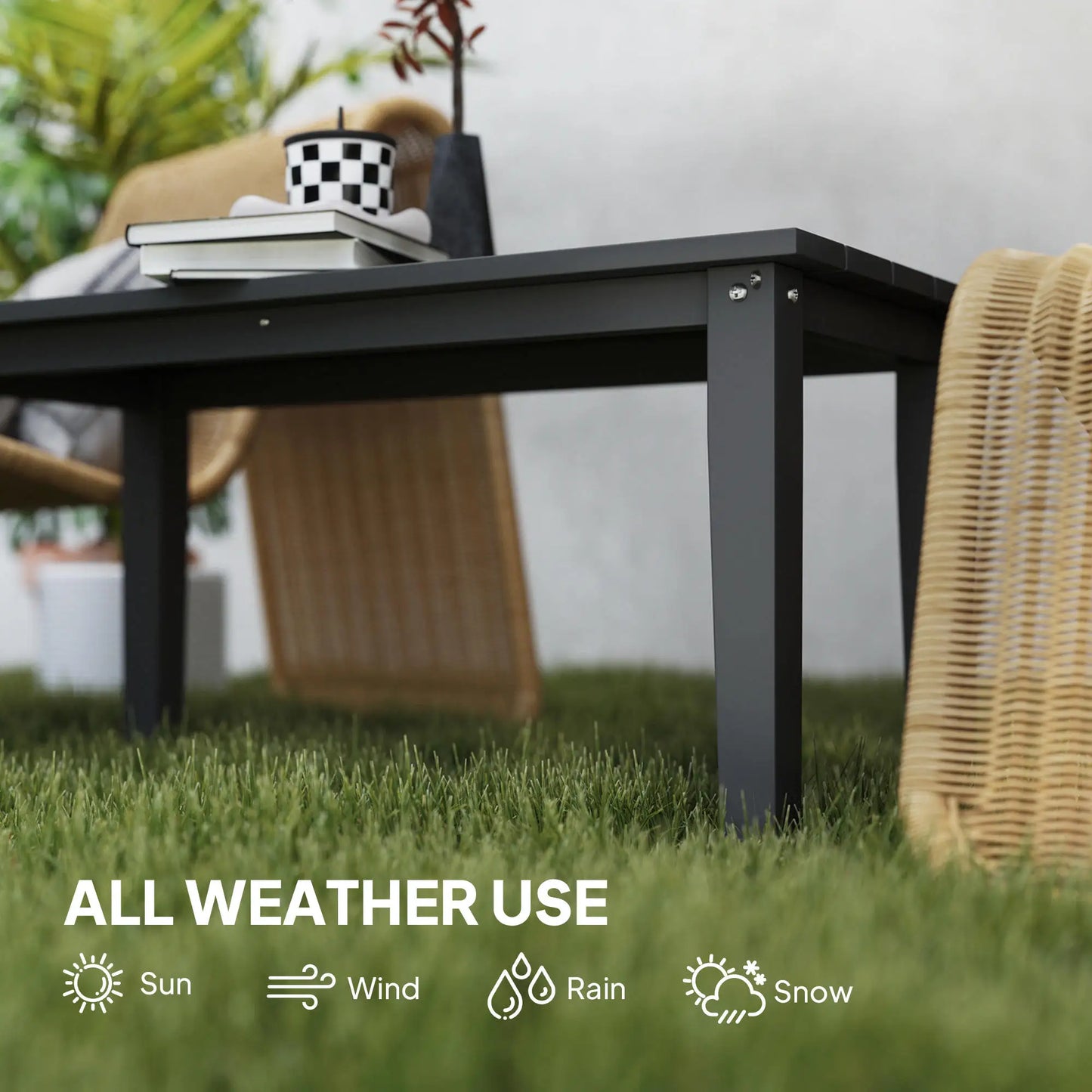 Hdpe Outdoor Coffee Table, Rectangle Slatted Patio Table, Black