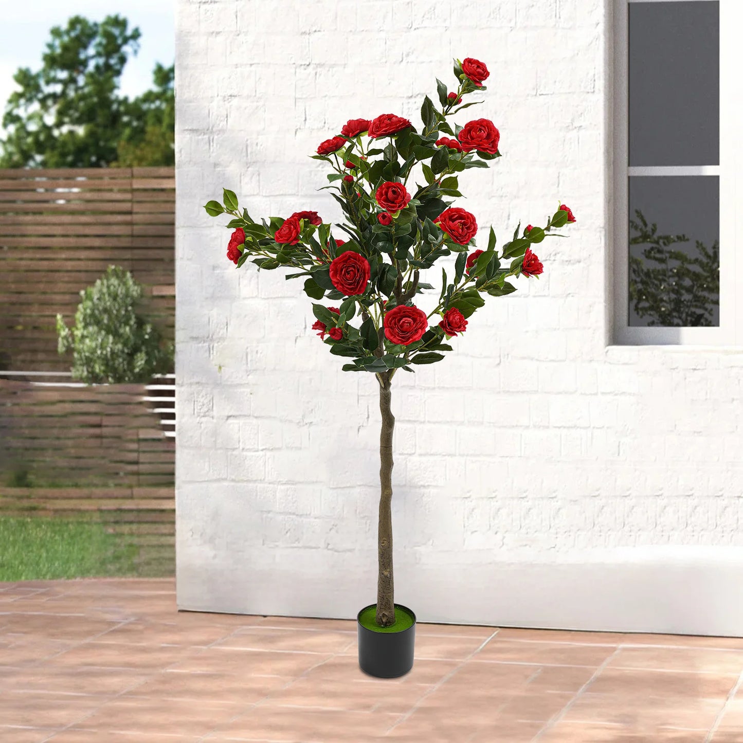 Simulated Tree Camellia Plant In Pot Lifelike Trunk Red Artificial Camellia Trees for Balconies/Shopping Malls/Exhibitions