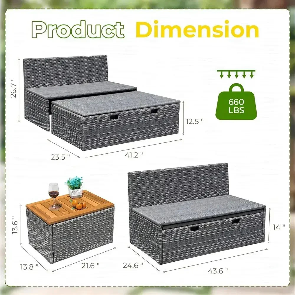 Multifunctional Gray Wicker Daybed Set with Side Tables, Cushions, and Storage Bench for Outdoor Use