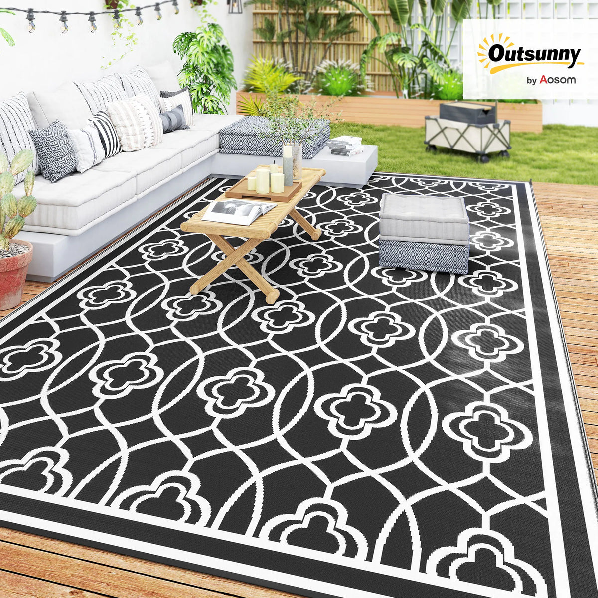 Outdoor Rug, 9' x 18' Floor Mat, Black White Lantern
