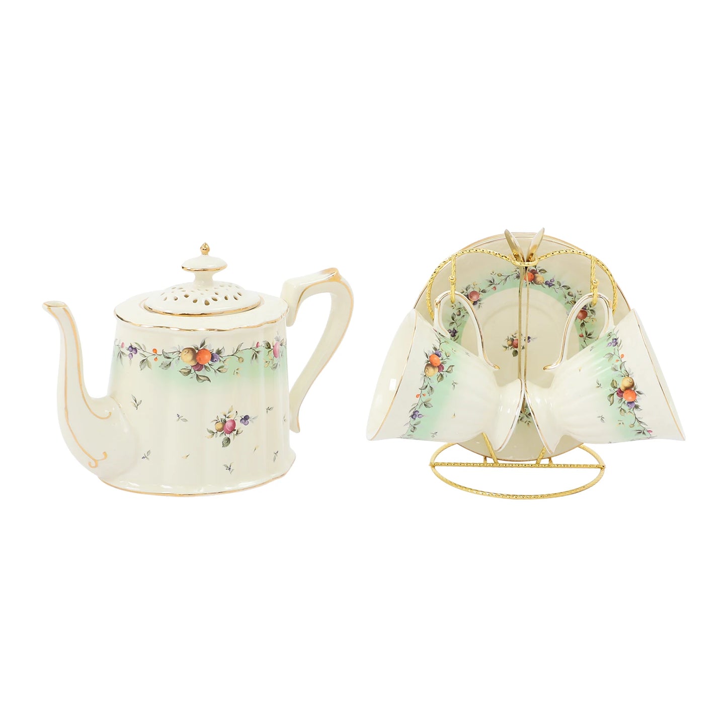 Porcelain Tea Set for 2, European Style Ceramic Tea Set with Teapot Cups Saucers, Includes Iron Stand 27oz