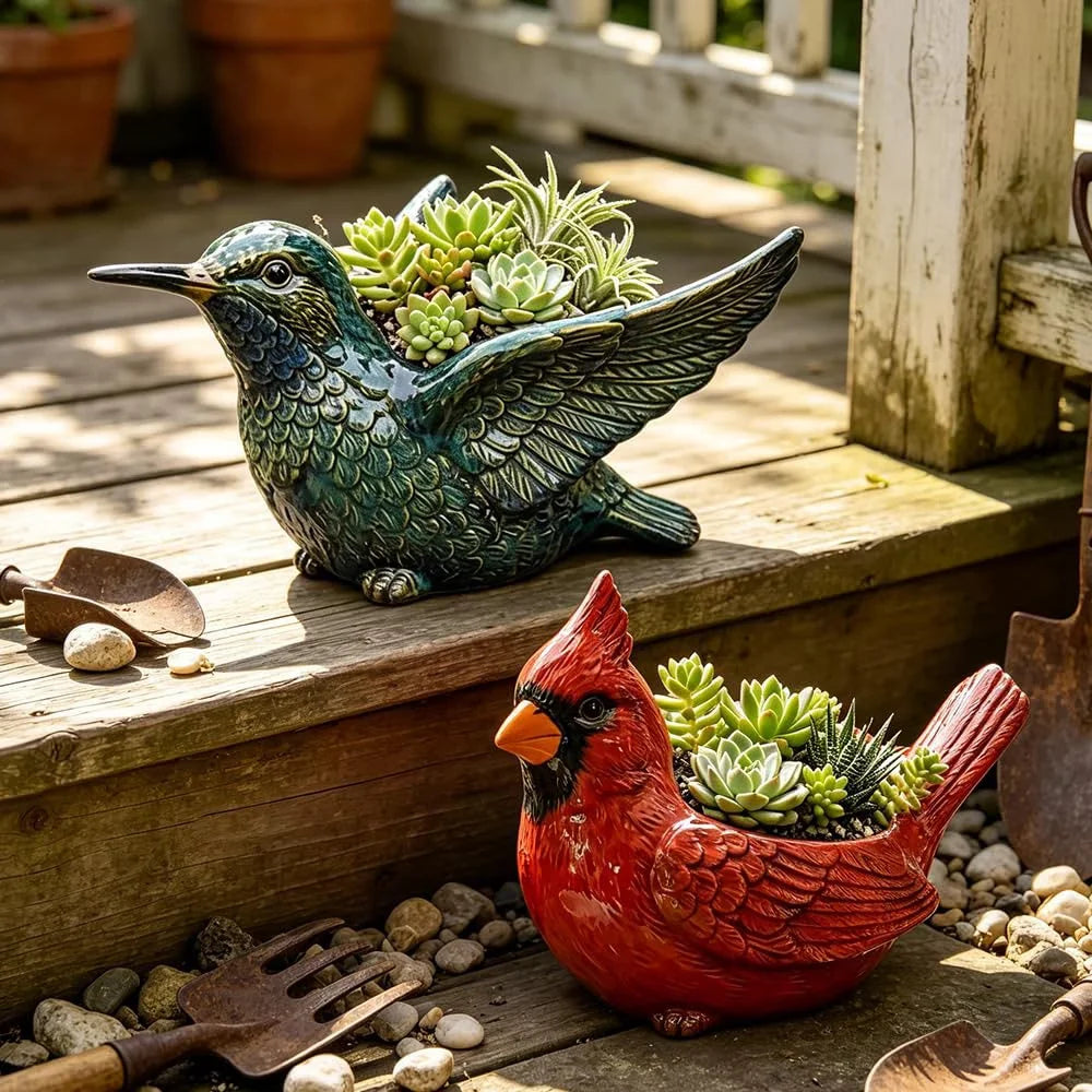 2PCS Red Cardinal Succulent Planter Gardening Set – Resin Flower Pots with 1 Mini Garden Trowel Tool, Creative Succulent Pots for Indoor & Outdoor Decor, Ideal Gift for Plant Lovers