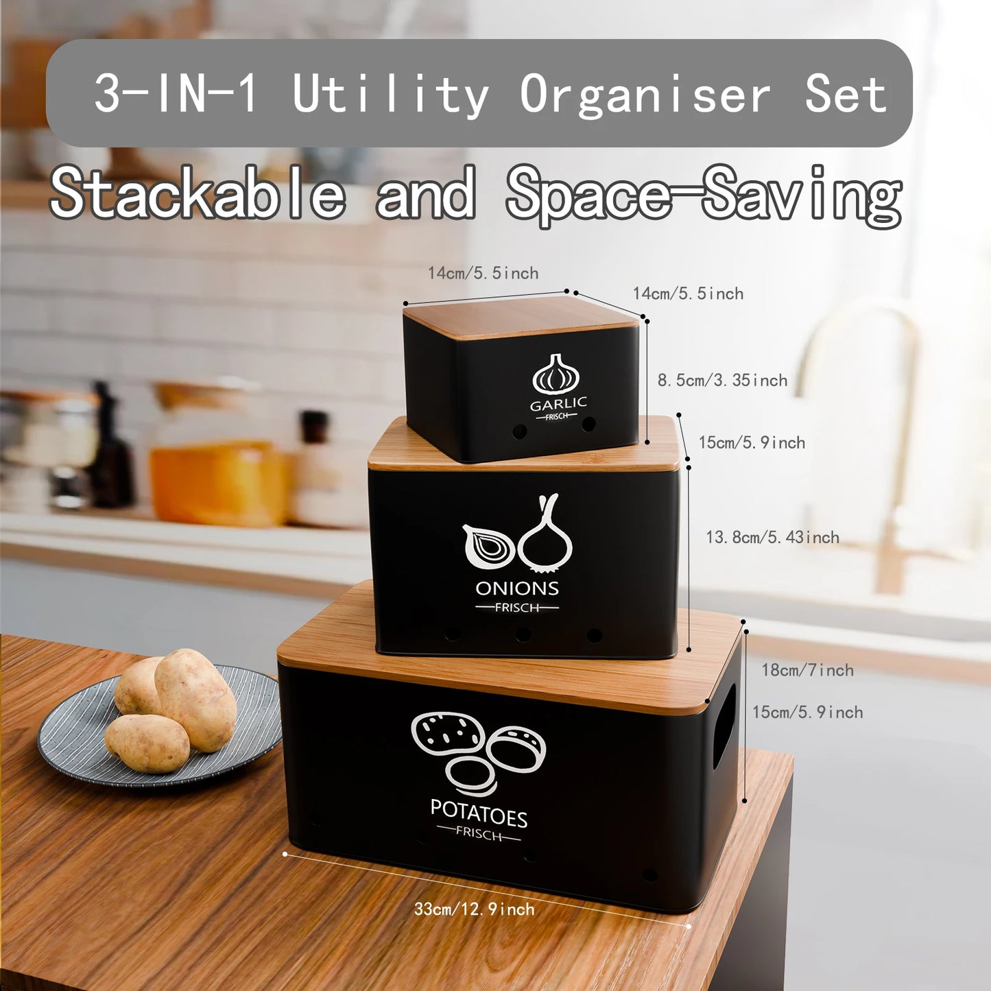 3-Piece Vegetable Storage Box Set, Potato, Onion and Garlic Storage Jars Suitable for Kitchen Countertops, With Lid Metal Vegetable Preservation Boxes, Kitchen Pantry Organiser Jars