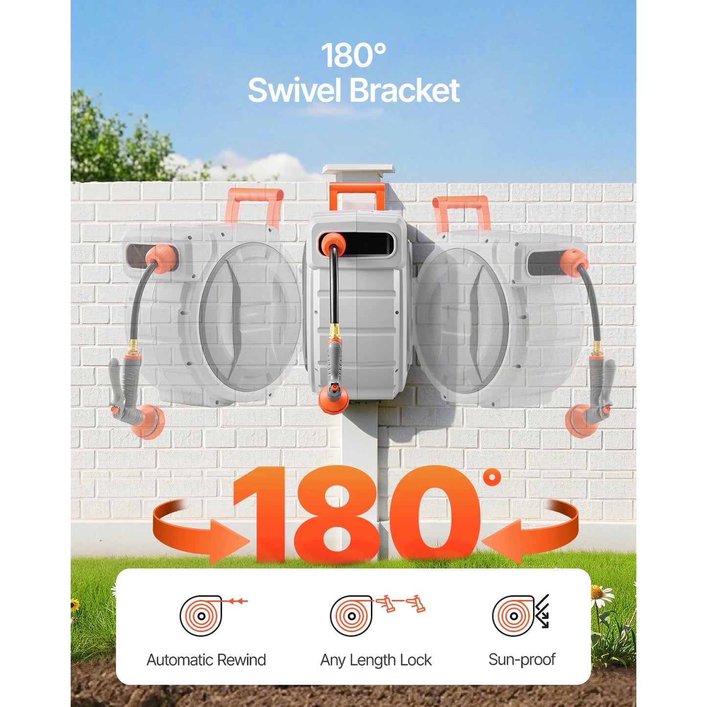 SucceBuy 5/8 Inch x 100ft Retractable Garden Hose Reel with 9 Patterns Nozzle Upgraded Slow Return System and 180°Swivel Bracket
