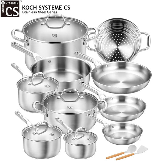 KOCH SYSTEME CS Stainless Steel Pots and Pans Set 17Pcs Professional Cooking Frying Pan Sauce Pan Soup Pot Induction Compatible