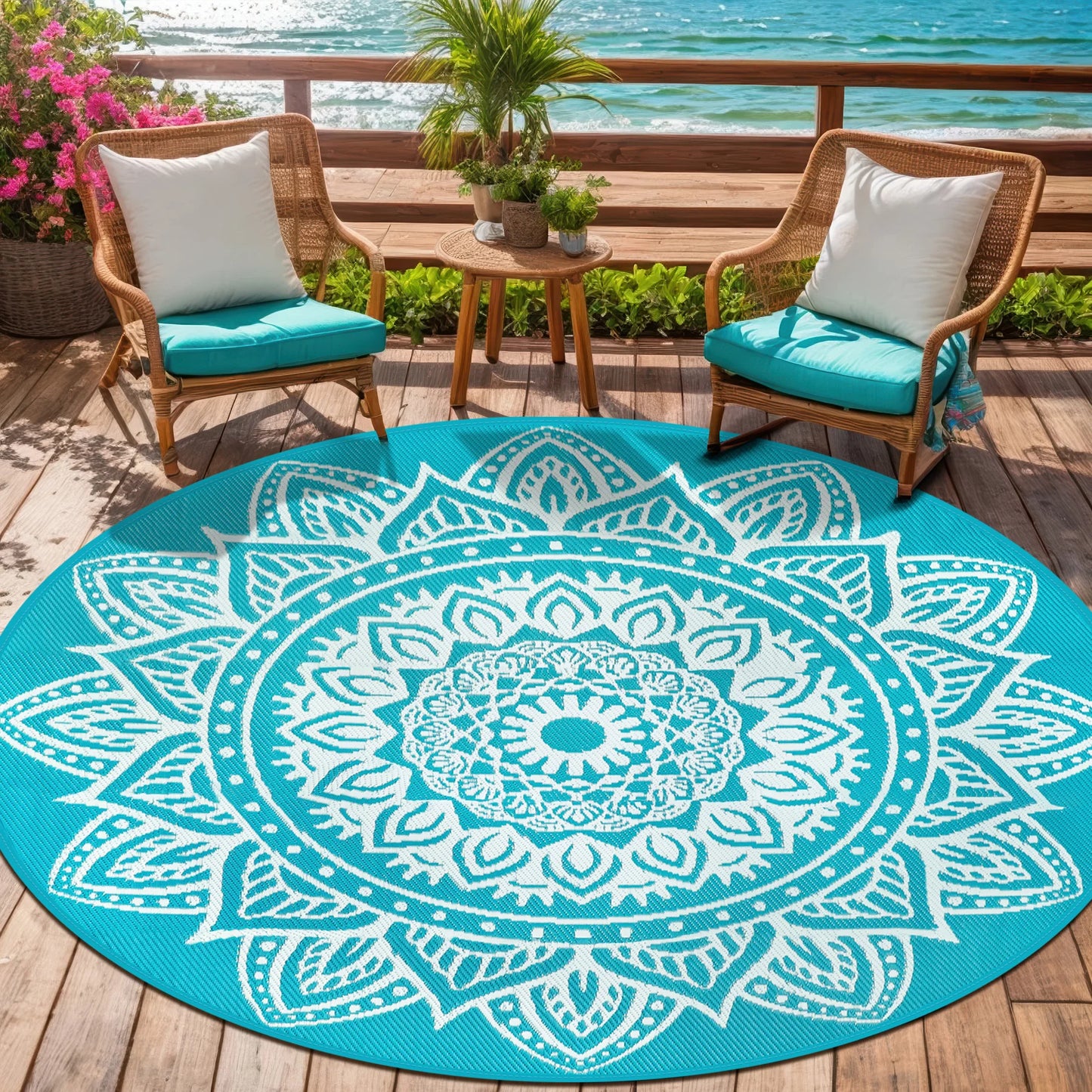 Round Outdoor Rug Reversible Waterproof Plastic Straw Mat Portable RV