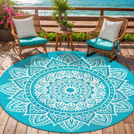Round Outdoor Rug Reversible Waterproof Plastic Straw Mat Portable RV