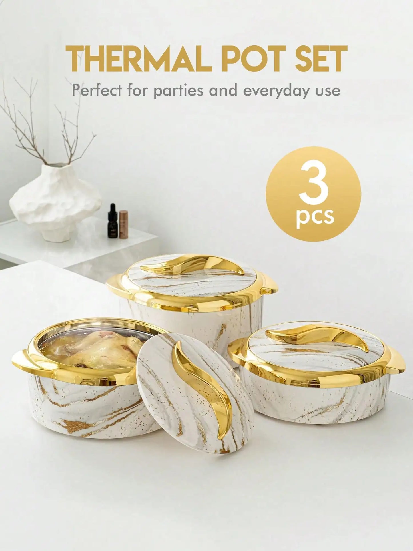 Three-Piece Food Warmer Set With Lids in Stainless Steel