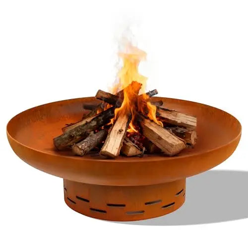 27.5 Inch Round Outdoor Wood Burning Fire Pit Heavy Duty Steel Oxidized Finish Free Standing